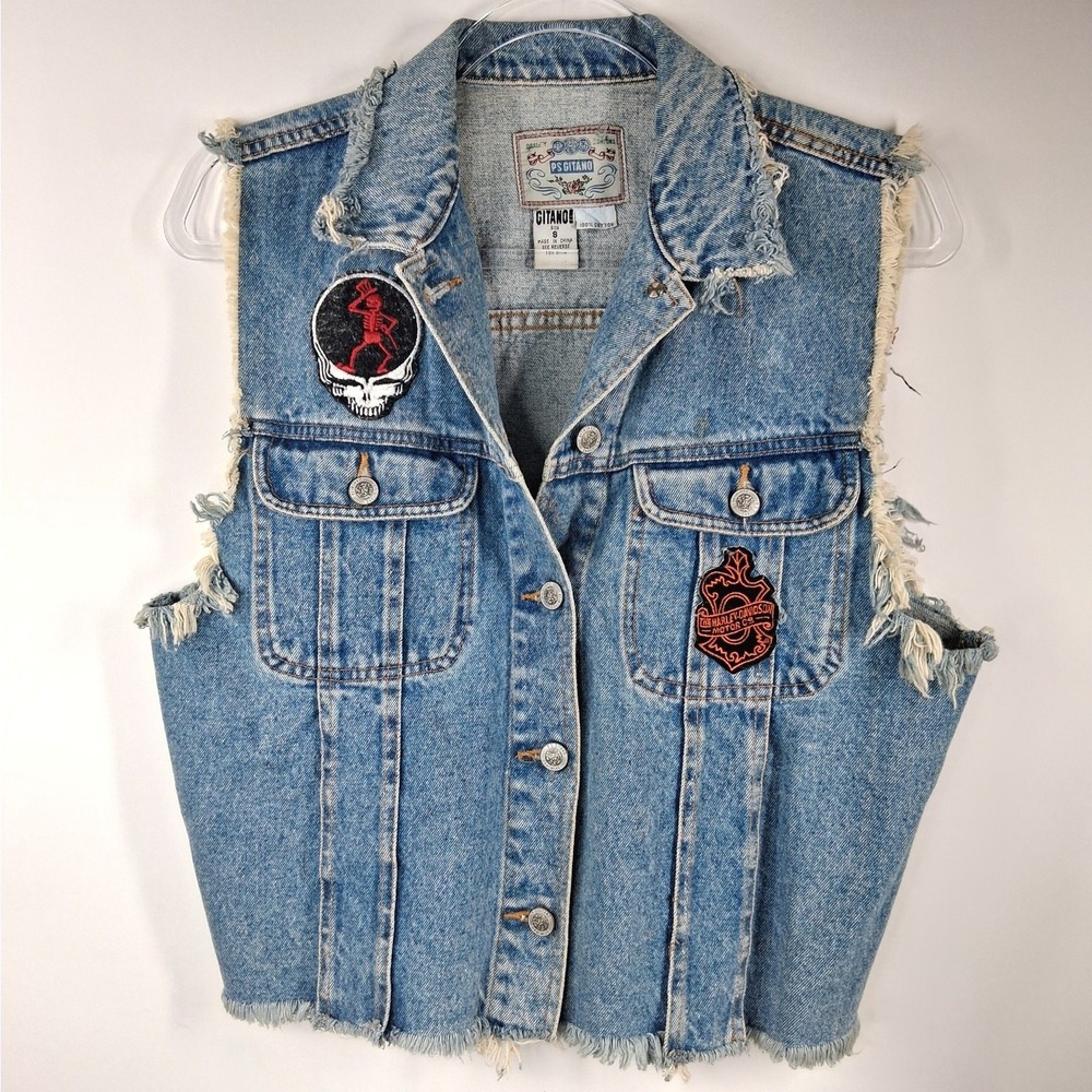 PS Gitano Blue Jean Denim Vest Women's Small Altered Distressed Stringy Grunge